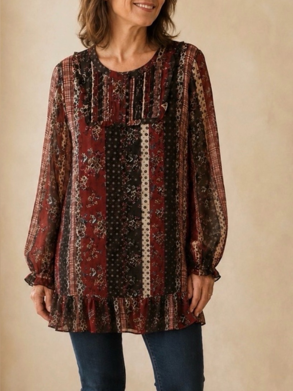 LOGO by Lori Goldstein Patchwork Chiffon Boho Tunic Top